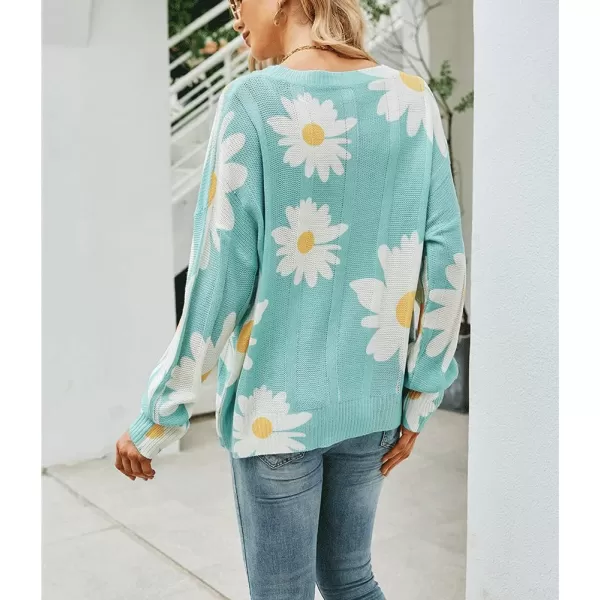 chouyatou Womens Crewneck Long Sleeve Floral Printed Knitted Sweater Pullover TopsGreen