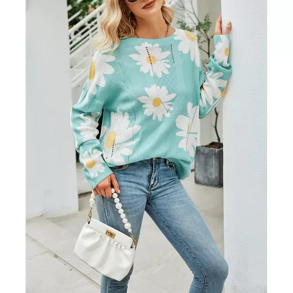 chouyatou Womens Crewneck Long Sleeve Floral Printed Knitted Sweater Pullover TopsGreen