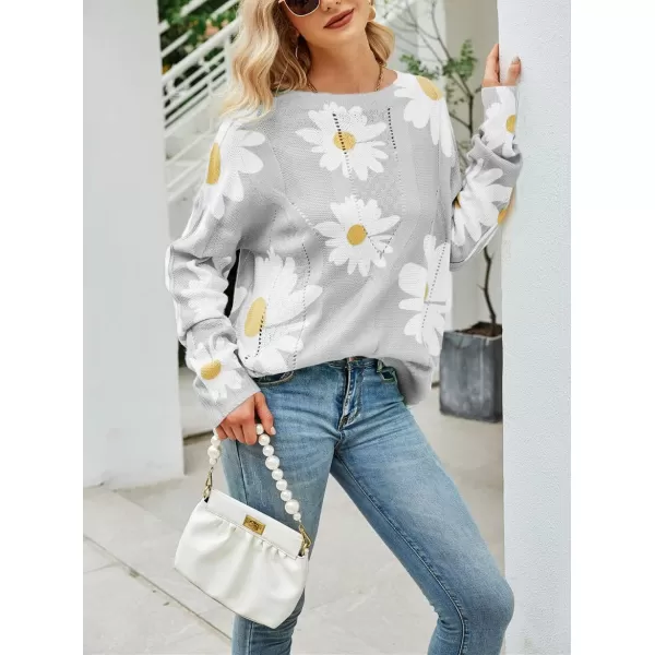 chouyatou Womens Crewneck Long Sleeve Floral Printed Knitted Sweater Pullover TopsLight Grey