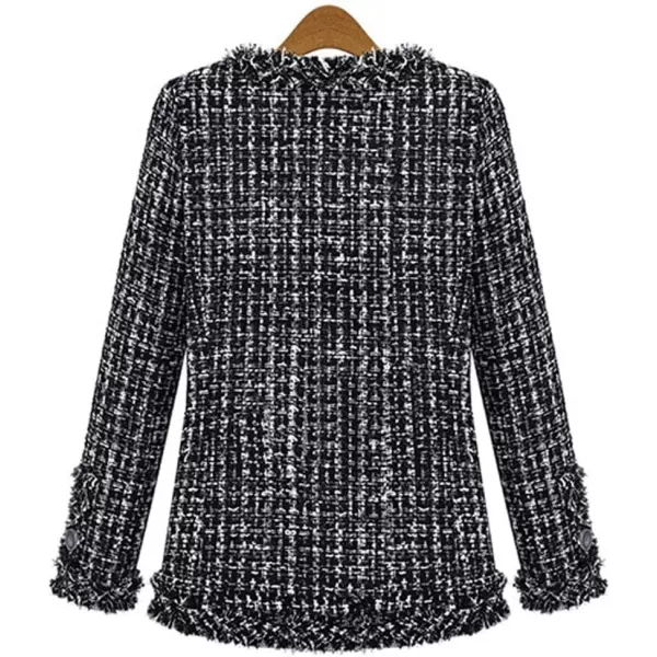 chouyatou Womens Fall Business Casual Tweed Blazer Jacket Collarless Open Front Dressy Tweed JacketBlack