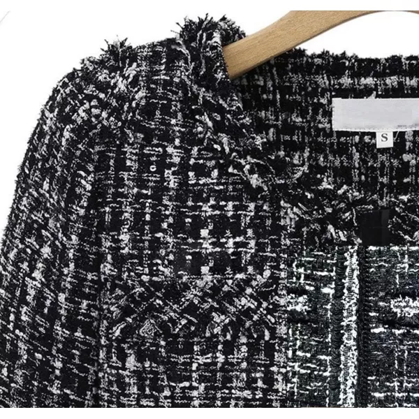 chouyatou Womens Fall Business Casual Tweed Blazer Jacket Collarless Open Front Dressy Tweed JacketBlack