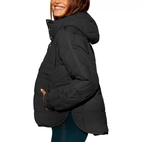 chouyatou Womens Quilted Pullover Puffer Jacket Packable Hooded Oversize Winter Coat TopsBlack