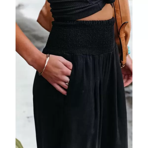 chouyatou Womens Smocked High Waisted Cotton Linen Wide Leg Pants Palazzo with PocketsBlack