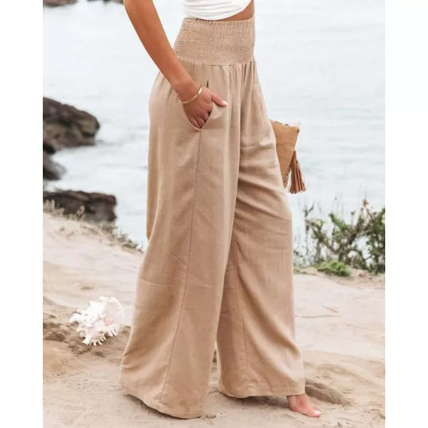 chouyatou Womens Smocked High Waisted Cotton Linen Wide Leg Pants Palazzo with PocketsKhaki