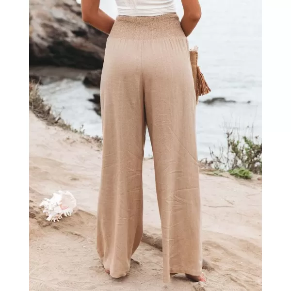 chouyatou Womens Smocked High Waisted Cotton Linen Wide Leg Pants Palazzo with PocketsKhaki