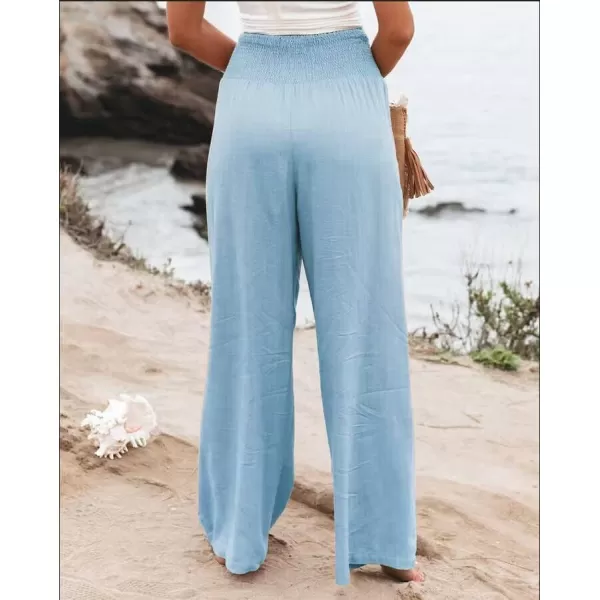 chouyatou Womens Smocked High Waisted Cotton Linen Wide Leg Pants Palazzo with PocketsLight Blue