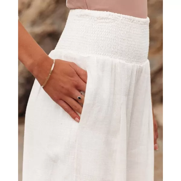 chouyatou Womens Smocked High Waisted Cotton Linen Wide Leg Pants Palazzo with PocketsWhite