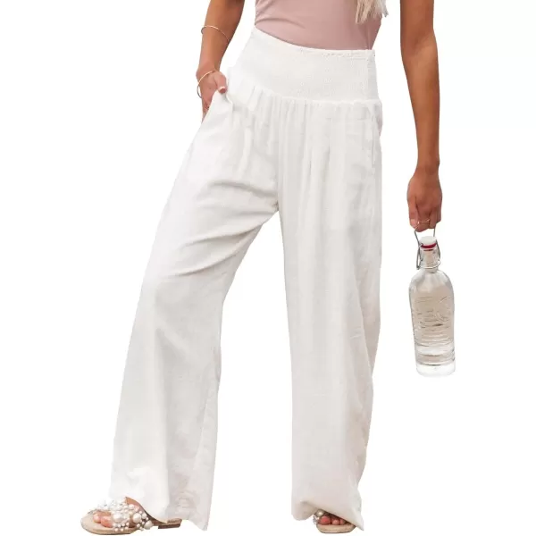 chouyatou Womens Smocked High Waisted Cotton Linen Wide Leg Pants Palazzo with PocketsWhite