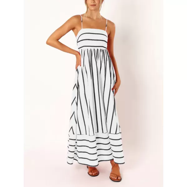 chouyatou Womens Striped Back Smocked Maxi Dress Sexy Spaghetti Strap Cut Out Flowy Swing Long DressBlack White