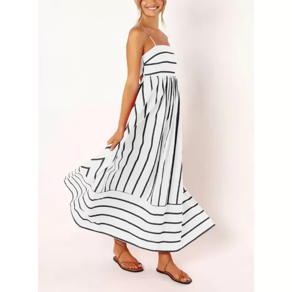 chouyatou Womens Striped Back Smocked Maxi Dress Sexy Spaghetti Strap Cut Out Flowy Swing Long DressBlack White