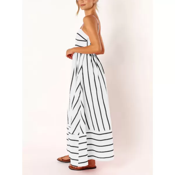 chouyatou Womens Striped Back Smocked Maxi Dress Sexy Spaghetti Strap Cut Out Flowy Swing Long DressBlack White