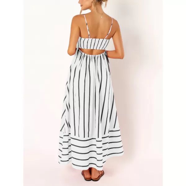 chouyatou Womens Striped Back Smocked Maxi Dress Sexy Spaghetti Strap Cut Out Flowy Swing Long DressBlack White