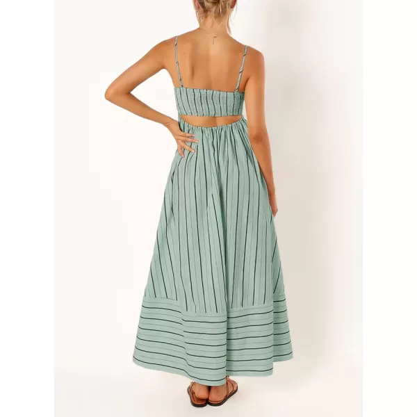 chouyatou Womens Striped Back Smocked Maxi Dress Sexy Spaghetti Strap Cut Out Flowy Swing Long DressGreen