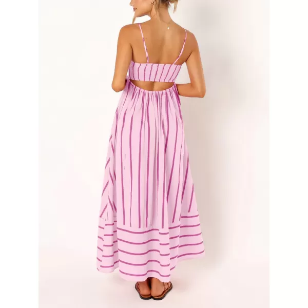 chouyatou Womens Striped Back Smocked Maxi Dress Sexy Spaghetti Strap Cut Out Flowy Swing Long DressPink