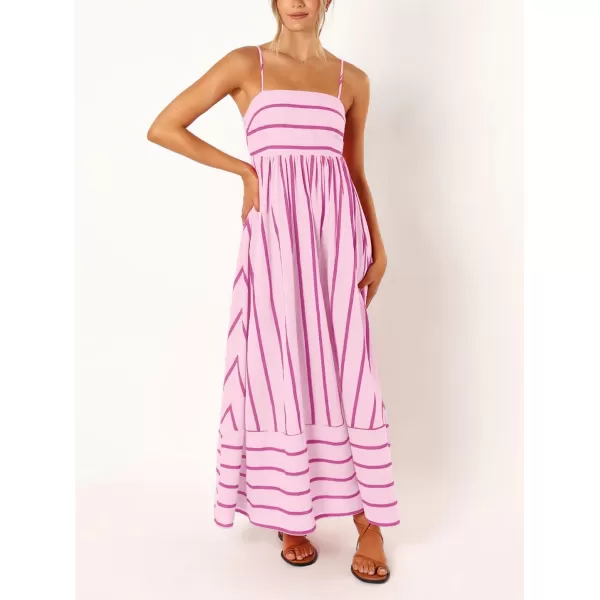 chouyatou Womens Striped Back Smocked Maxi Dress Sexy Spaghetti Strap Cut Out Flowy Swing Long DressPink