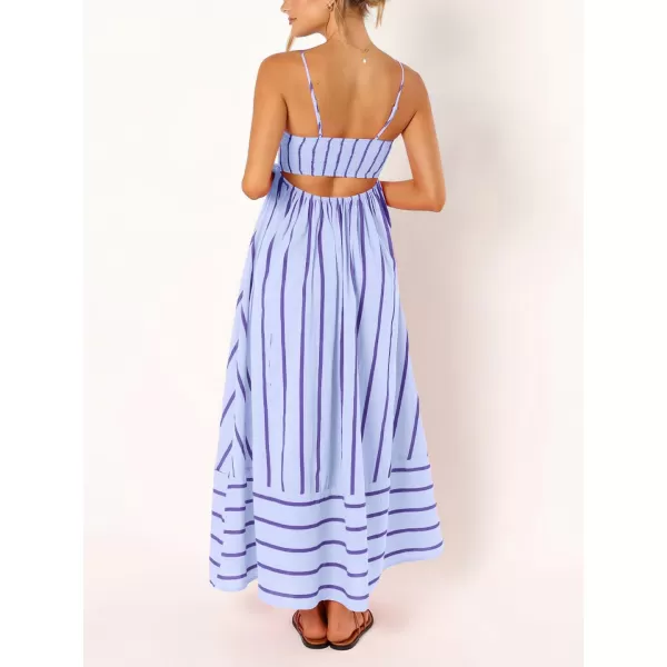 chouyatou Womens Striped Back Smocked Maxi Dress Sexy Spaghetti Strap Cut Out Flowy Swing Long DressPurple