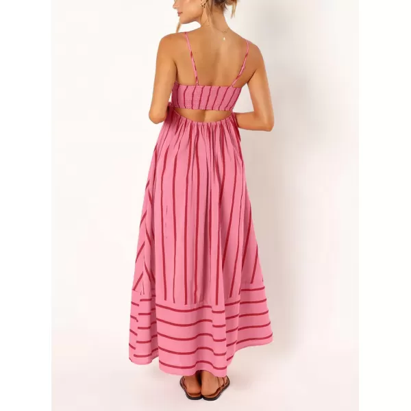 chouyatou Womens Striped Back Smocked Maxi Dress Sexy Spaghetti Strap Cut Out Flowy Swing Long DressWatermelon Red