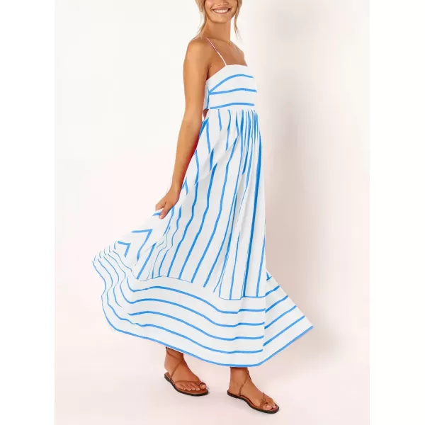 chouyatou Womens Striped Back Smocked Maxi Dress Sexy Spaghetti Strap Cut Out Flowy Swing Long DressWide Blue White