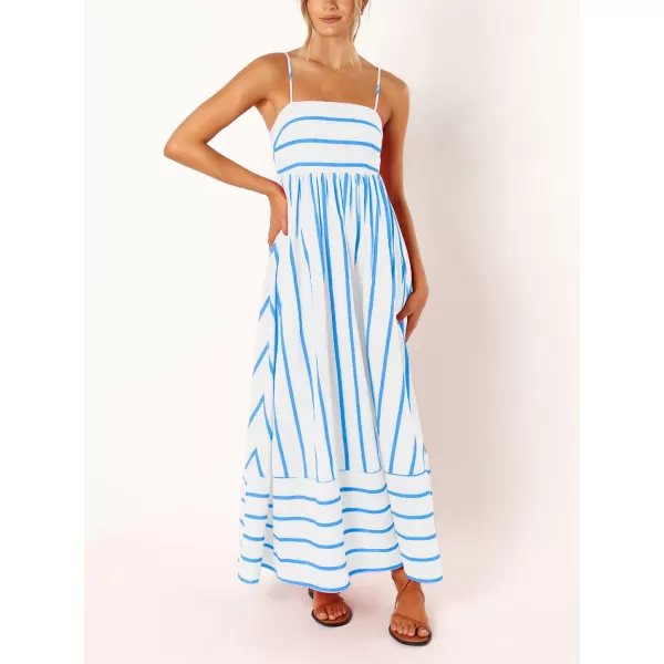 chouyatou Womens Striped Back Smocked Maxi Dress Sexy Spaghetti Strap Cut Out Flowy Swing Long DressWide Blue White