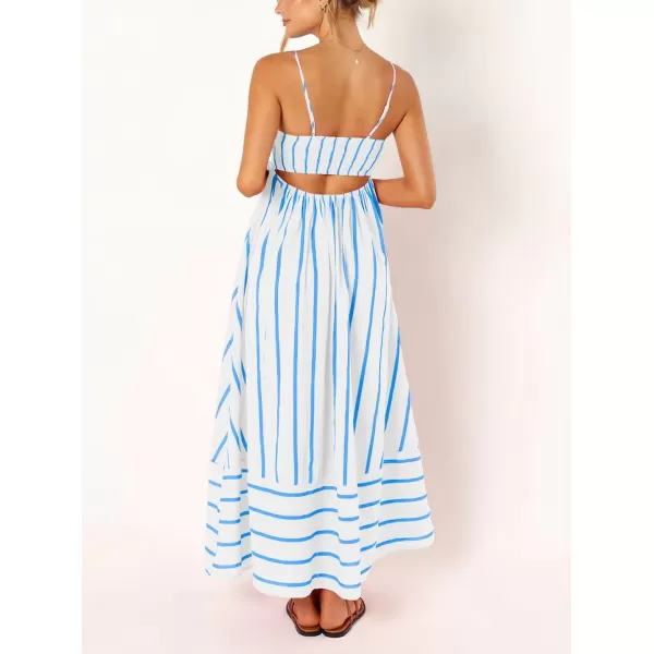 chouyatou Womens Striped Back Smocked Maxi Dress Sexy Spaghetti Strap Cut Out Flowy Swing Long DressWide Blue White