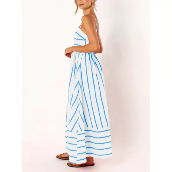 chouyatou Womens Striped Back Smocked Maxi Dress Sexy Spaghetti Strap Cut Out Flowy Swing Long DressWide Blue White