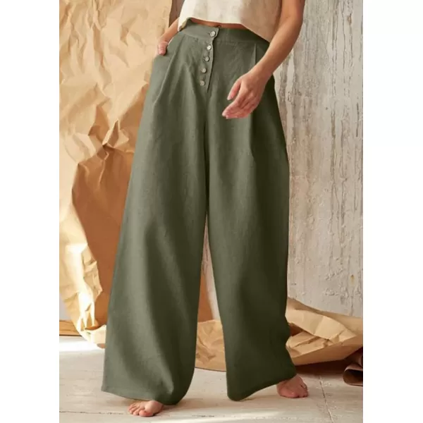 chouyatou Womens Summer High Waisted Cotton Linen Palazzo Wide Leg Casual Pants with PocketsGreen