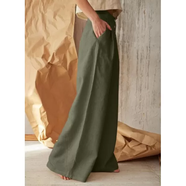 chouyatou Womens Summer High Waisted Cotton Linen Palazzo Wide Leg Casual Pants with PocketsGreen