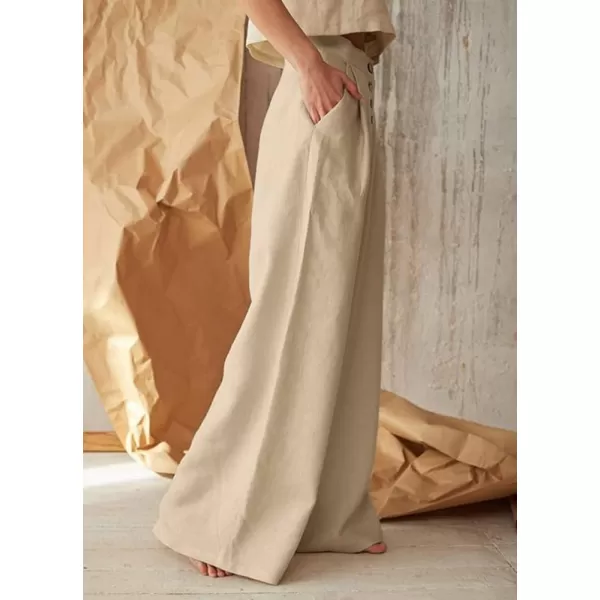 chouyatou Womens Summer High Waisted Cotton Linen Palazzo Wide Leg Casual Pants with PocketsKhaki