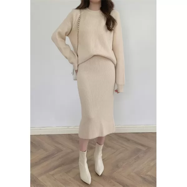 chouyatou Womens Two Piece Sweater Skirt Sets Knit Sweater Top Bodycon Skirt 2 Piece OutfitsBeige