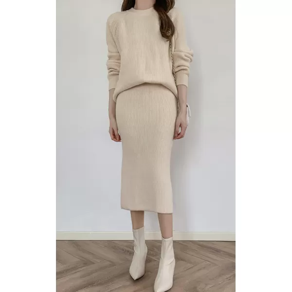 chouyatou Womens Two Piece Sweater Skirt Sets Knit Sweater Top Bodycon Skirt 2 Piece OutfitsBeige