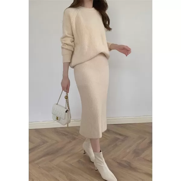 chouyatou Womens Two Piece Sweater Skirt Sets Knit Sweater Top Bodycon Skirt 2 Piece OutfitsBeige