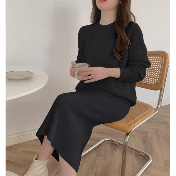 chouyatou Womens Two Piece Sweater Skirt Sets Knit Sweater Top Bodycon Skirt 2 Piece OutfitsBlack