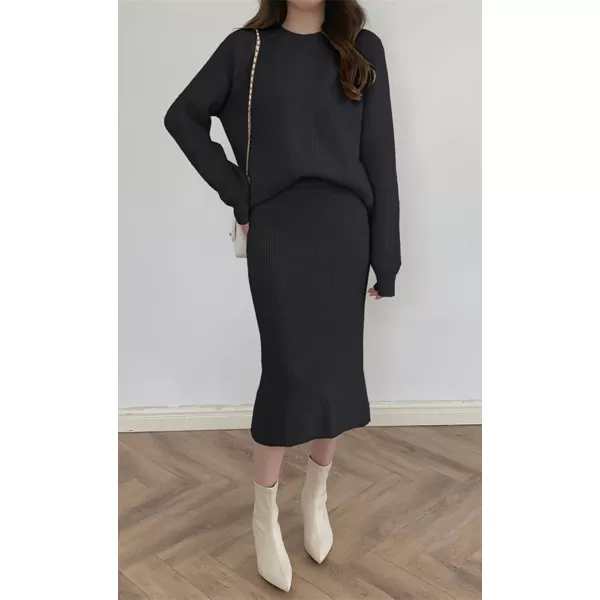 chouyatou Womens Two Piece Sweater Skirt Sets Knit Sweater Top Bodycon Skirt 2 Piece OutfitsBlack