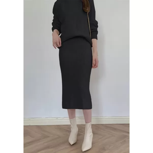 chouyatou Womens Two Piece Sweater Skirt Sets Knit Sweater Top Bodycon Skirt 2 Piece OutfitsBlack