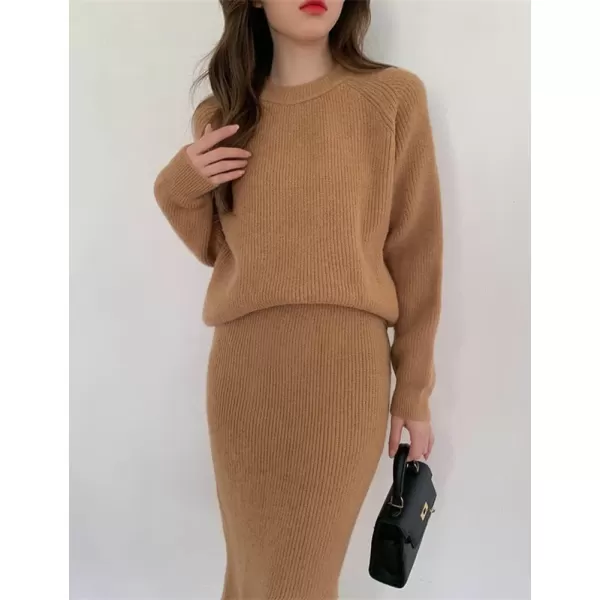 chouyatou Womens Two Piece Sweater Skirt Sets Knit Sweater Top Bodycon Skirt 2 Piece OutfitsCamel