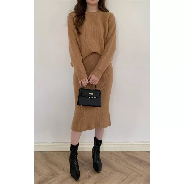 chouyatou Womens Two Piece Sweater Skirt Sets Knit Sweater Top Bodycon Skirt 2 Piece OutfitsCamel