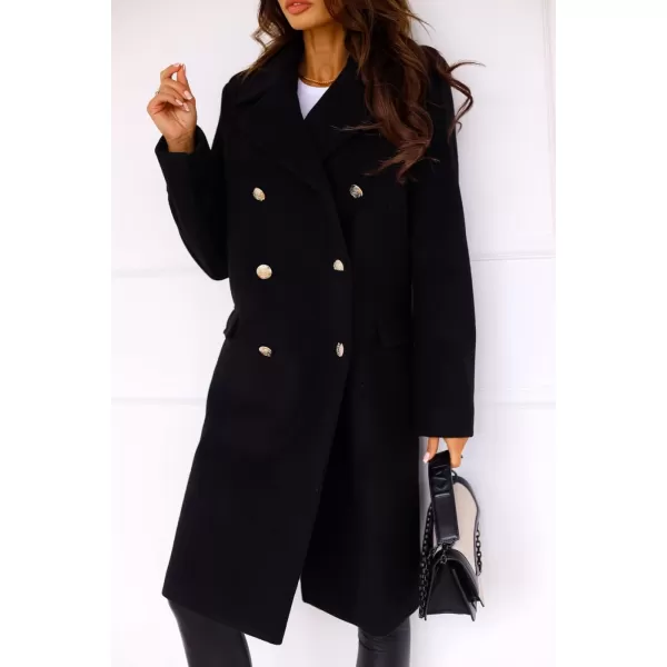 chouyatou Womens Winter Lapel Double Breasted Office Work Long Wool Pea Coat OvercoatBlack