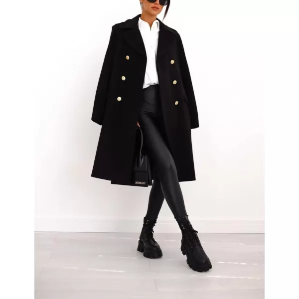 chouyatou Womens Winter Lapel Double Breasted Office Work Long Wool Pea Coat OvercoatBlack