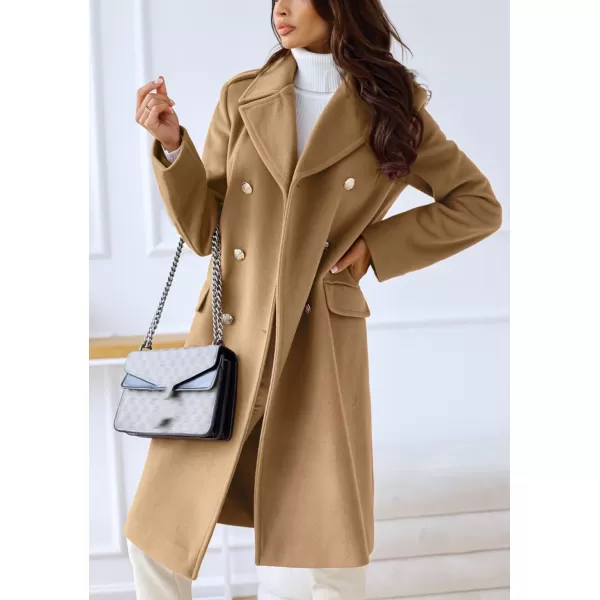 chouyatou Womens Winter Lapel Double Breasted Office Work Long Wool Pea Coat OvercoatCamel