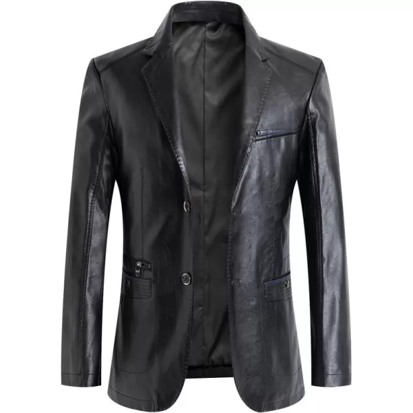 chouyatou Mens Casual Notched Collar 2 Button Slim Moto Faux Leather Blazer Suit JacketBlack