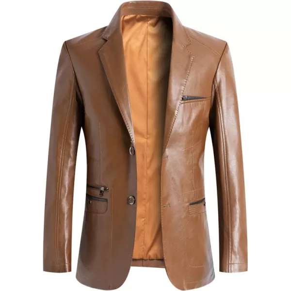 chouyatou Mens Casual Notched Collar 2 Button Slim Moto Faux Leather Blazer Suit JacketBrown