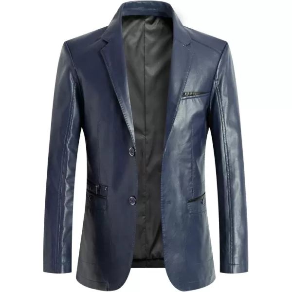 chouyatou Mens Casual Notched Collar 2 Button Slim Moto Faux Leather Blazer Suit JacketNavy Blue