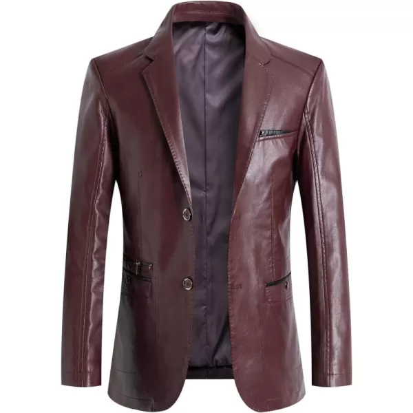 chouyatou Mens Casual Notched Collar 2 Button Slim Moto Faux Leather Blazer Suit JacketWine Red