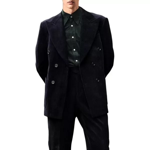chouyatou Mens Double Breasted Corduroy Blazer Jacket Vintage Notched Lapel Suit Jacket Sport CoatBlack