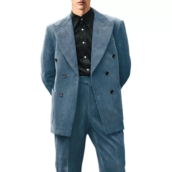 chouyatou Mens Double Breasted Corduroy Blazer Jacket Vintage Notched Lapel Suit Jacket Sport CoatBlue