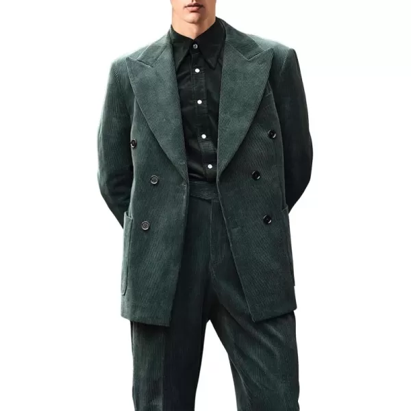 chouyatou Mens Double Breasted Corduroy Blazer Jacket Vintage Notched Lapel Suit Jacket Sport CoatGreen
