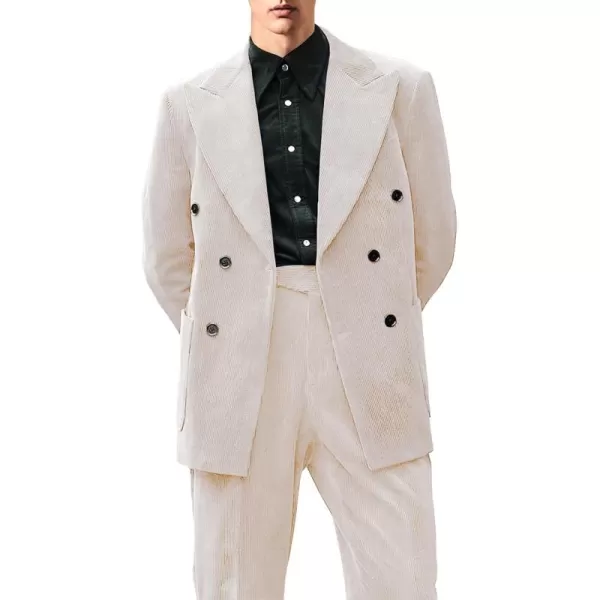 chouyatou Mens Double Breasted Corduroy Blazer Jacket Vintage Notched Lapel Suit Jacket Sport CoatWhite