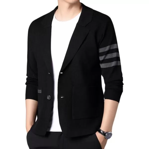 chouyatou Mens Notched Lapel 2 Button Slim Fit Business Casual Striped Knit Sweater Blazer Jacket Sport CoatBlack
