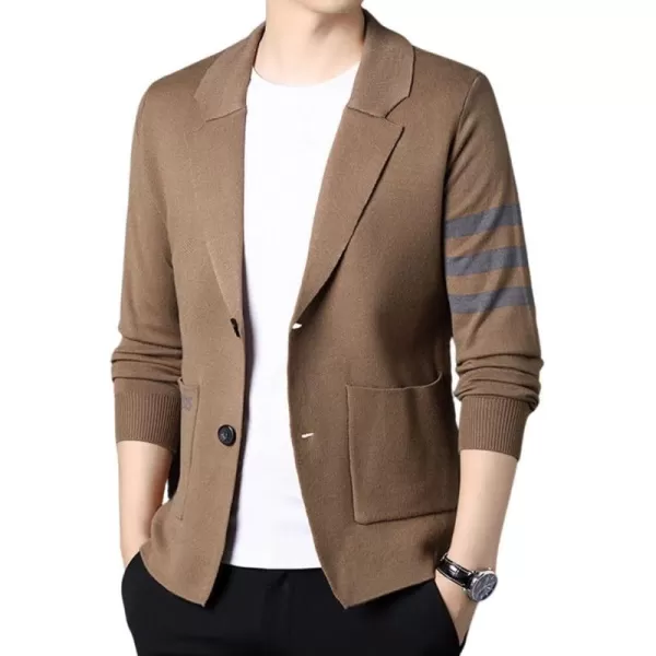 chouyatou Mens Notched Lapel 2 Button Slim Fit Business Casual Striped Knit Sweater Blazer Jacket Sport CoatCamel