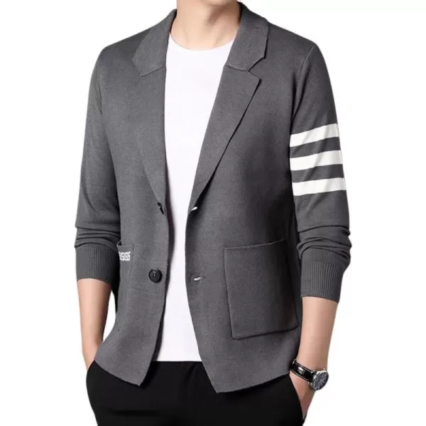 chouyatou Mens Notched Lapel 2 Button Slim Fit Business Casual Striped Knit Sweater Blazer Jacket Sport CoatGray